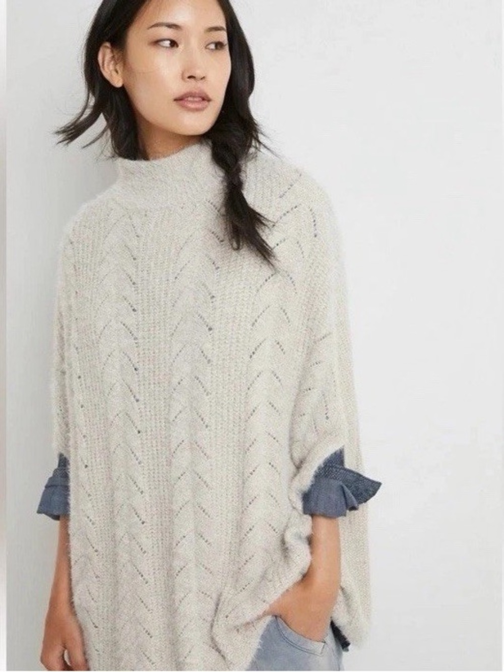 Akemi + Kin Anthropologie Fuzzy Cable Knit Poncho Sweater One Size